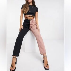 New Misguided Two-Tone Split Waist Highrise Mom Jeans Black & Pink Size 16